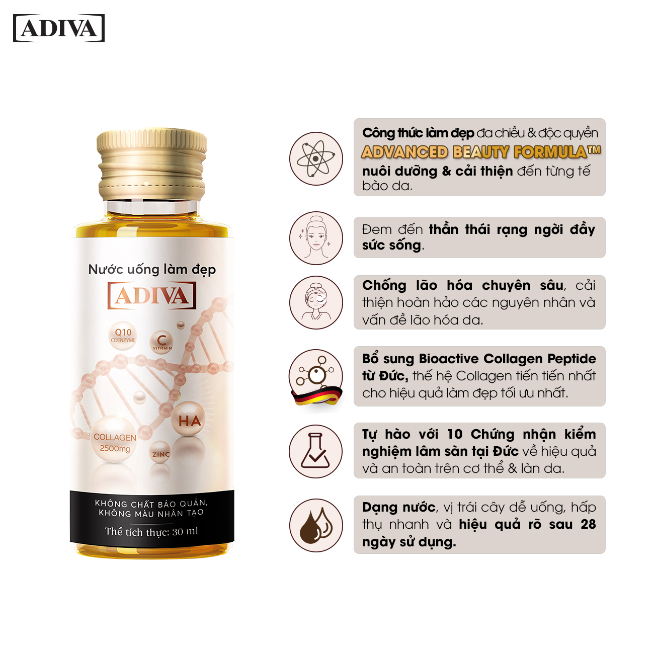 Nước Uống Làm Đẹp Collagen ADIVA (8 Chai/Hộp)- Giúp Làn Da Săn Chắc, Ảm Mịn Và Căng Bóng