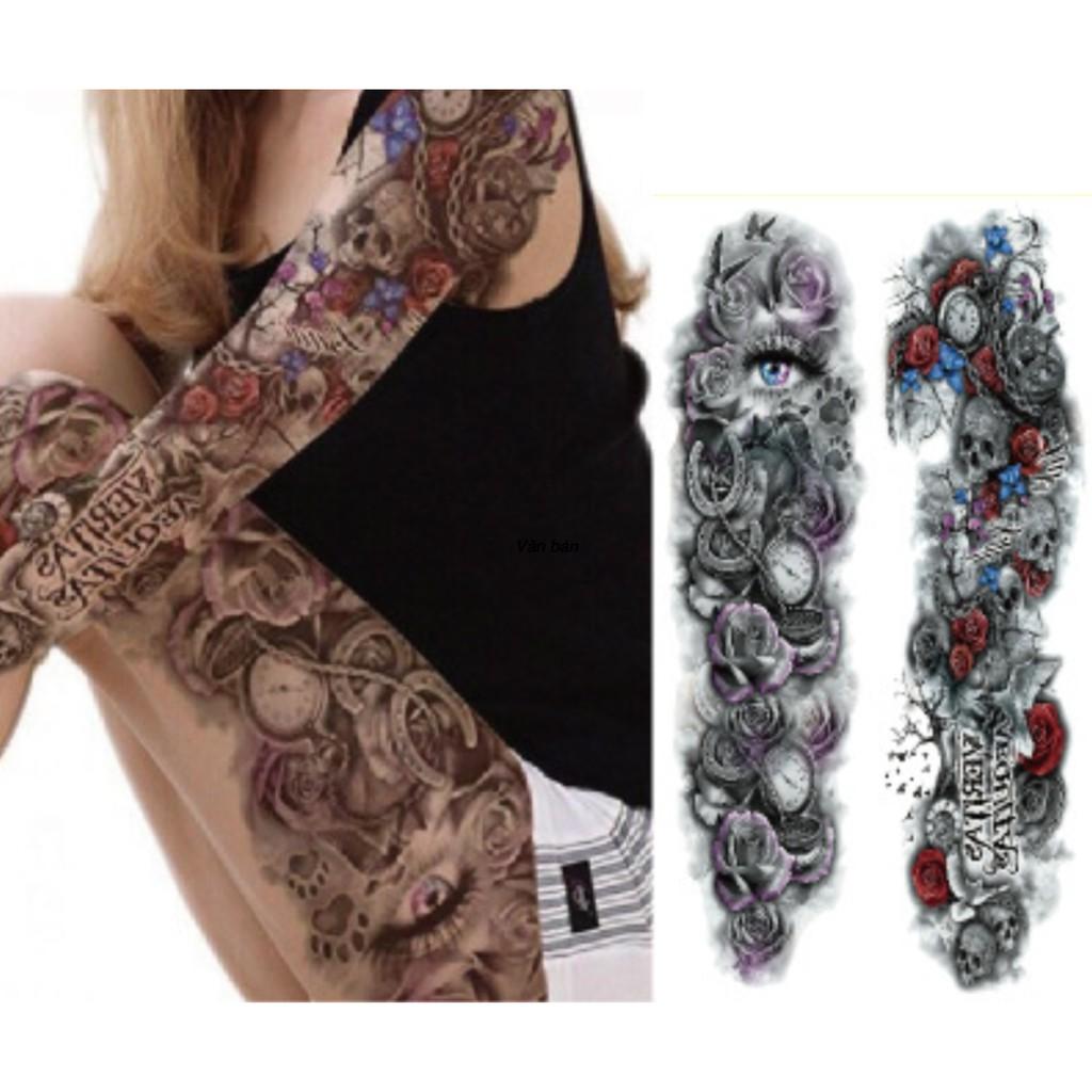 Combo 2 tấm hình xăm dán đầu lâu 3d kín tay màu 17x48cm- mua 2 combo tặng 1 bắp tay