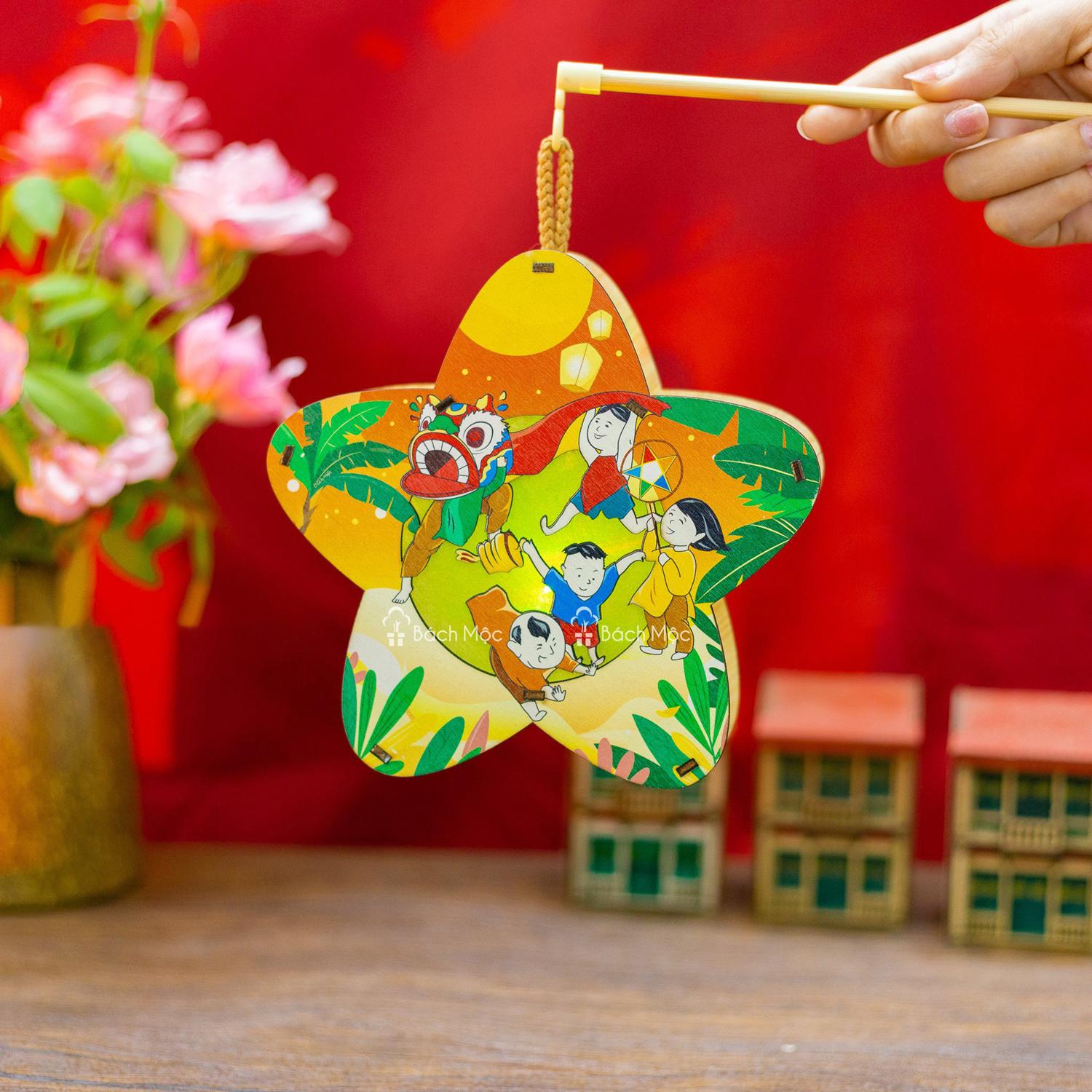 Lồng Đèn Trung Thu Gỗ 2 Mặt Màu - Bách Mộc - Lân Sao