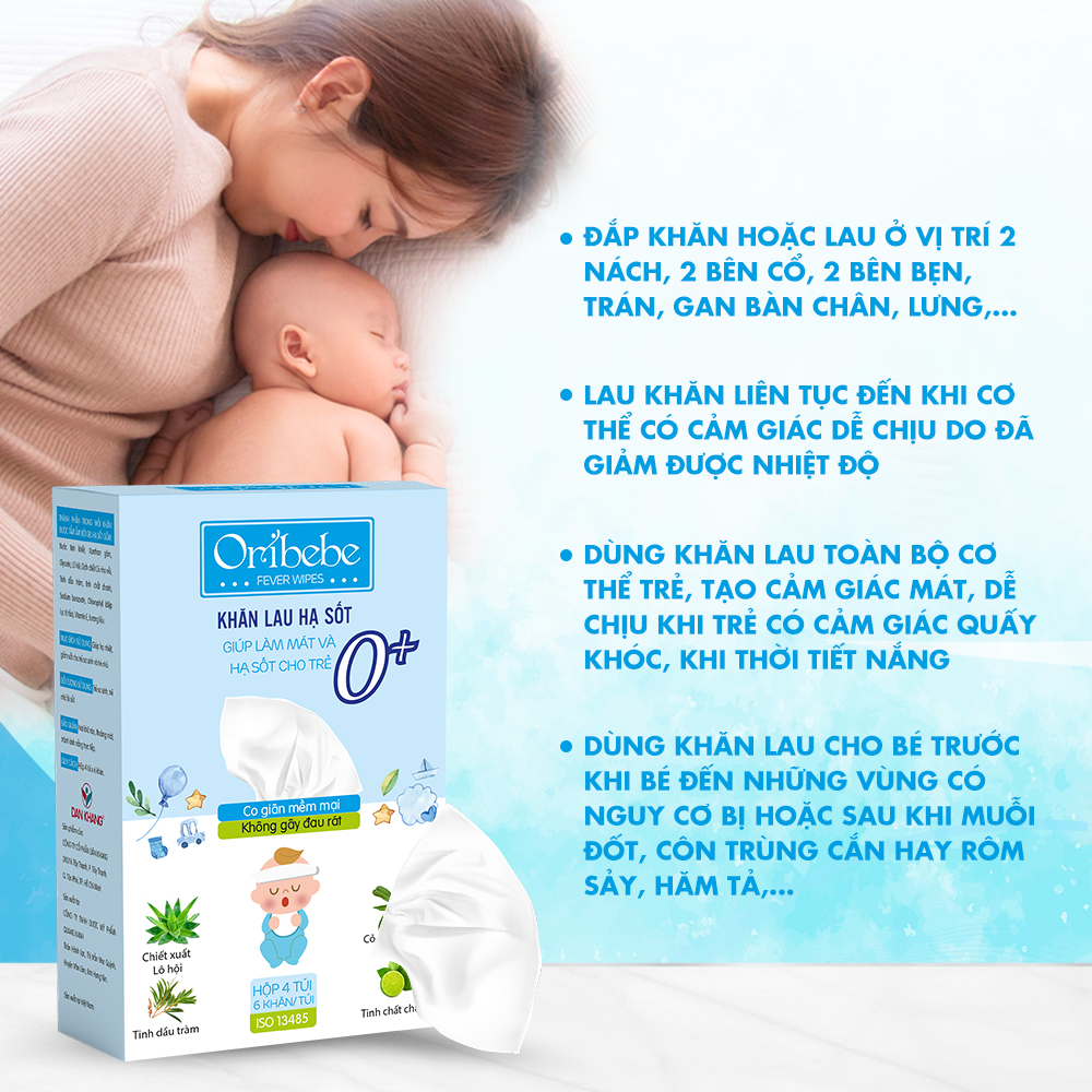 Khăn Lau Hạ Sốt 0Y+ Oribebe Cho Bé Giúp Hạ Nhiệt Giảm Sốt Hộp 4 Túi x 6 Khăn