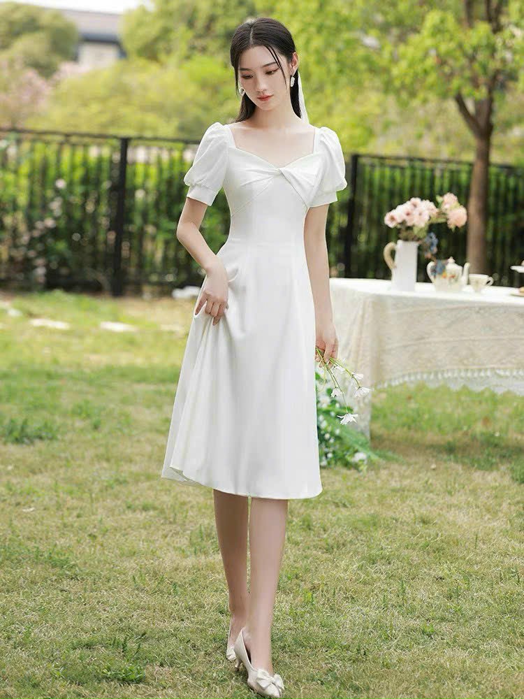 Đầm váy nữ dự tiệc đám cưới màu trắng tinh khiết trẻ trung nhẹ nhàng