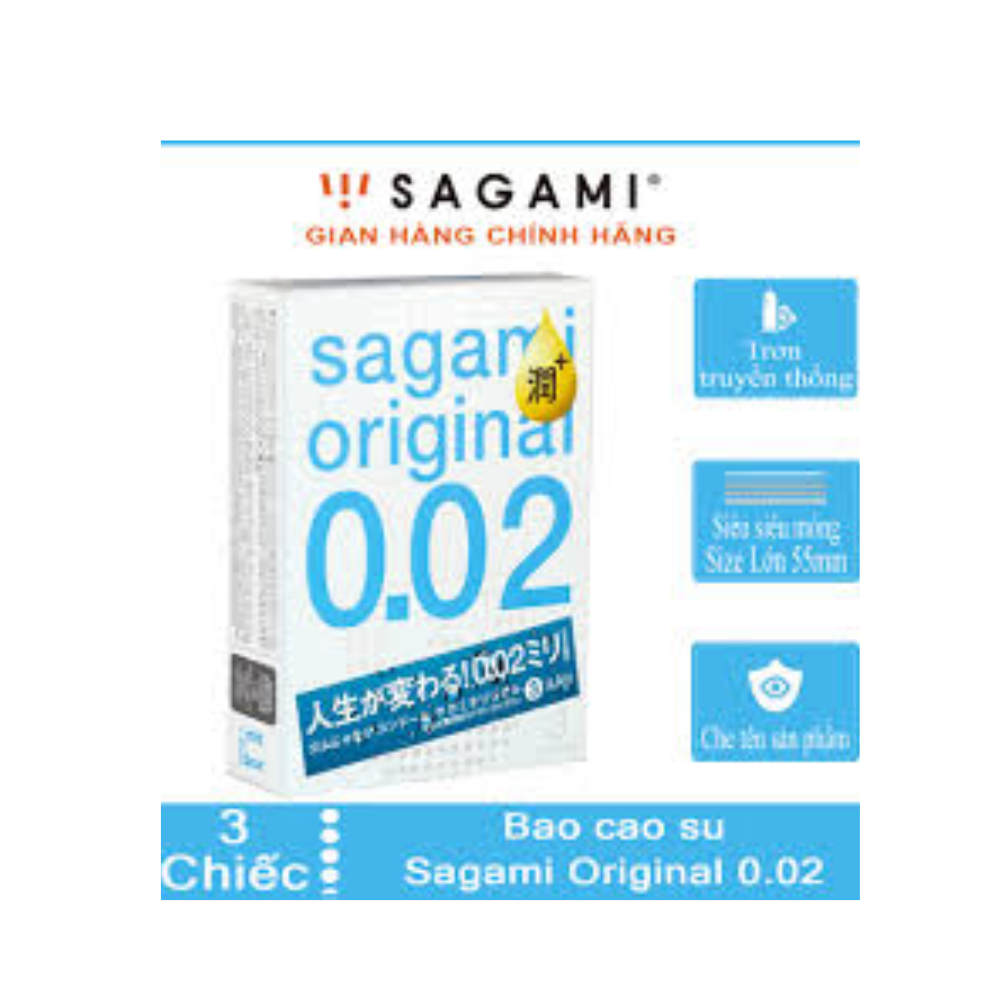 Bao cao su cao cấp Sagami Original 0.02 Non Latex mượt mà, êm ái, chân thực, Hộp 3 chiếc