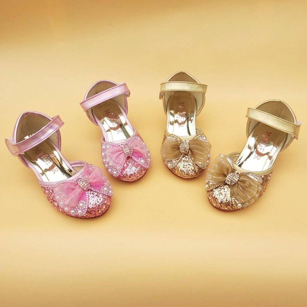 Giày Sandal bé gái - Giày cao gót 2cm kim tuyến đính nơ