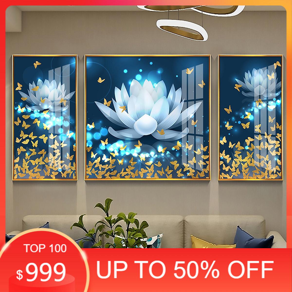 Tranh Canvas Treo Tường Hiện Đại _ Tranh Bộ 3 Hoa Sen Và Bướm Nghệ Thuật