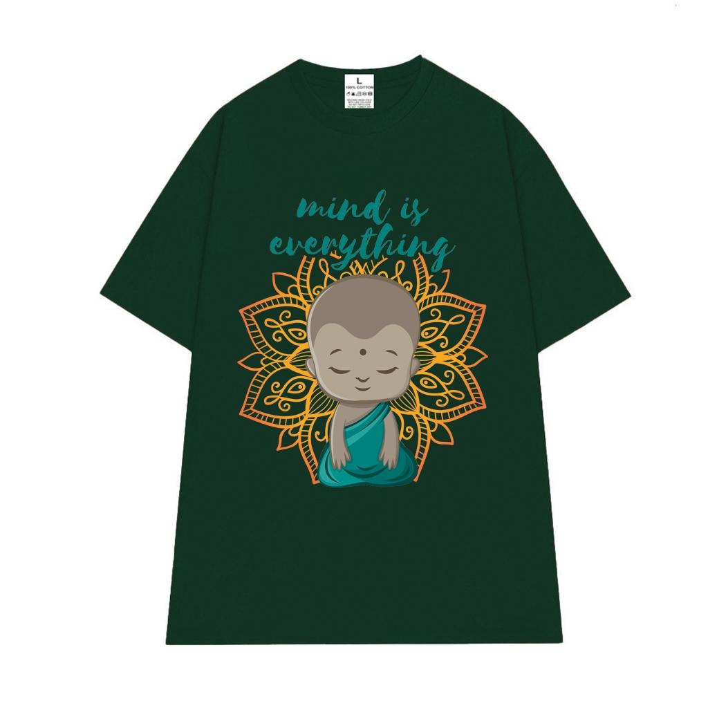 Cao cấp - Áo thun oversize câu chữ Mind Is Every Thing hình Giác Giả ngồi thiền nền hoa Sen BND548