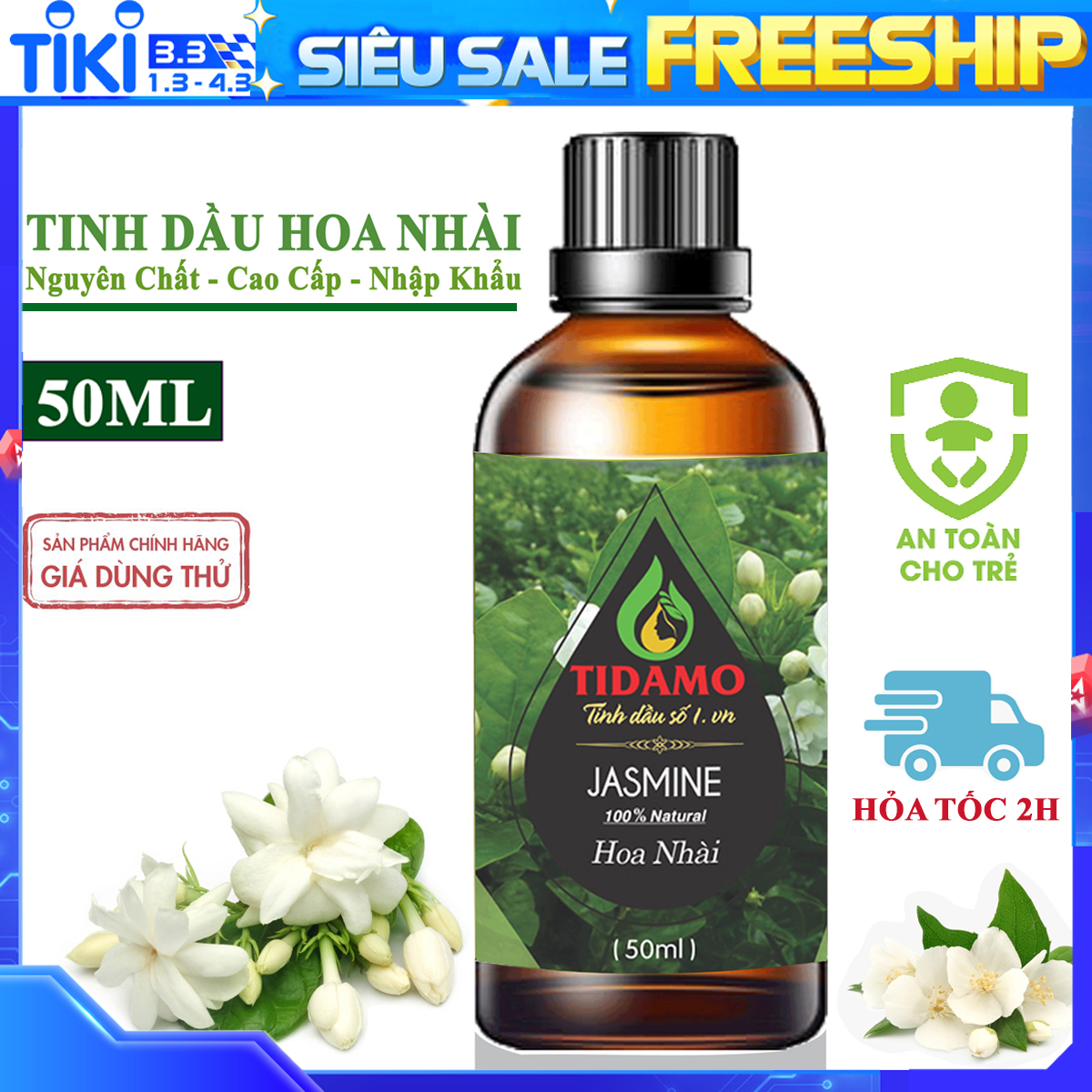 Tinh Dầu Hoa Nhài TIDAMO 50ML Nhập Khẩu, Có Kiểm Nghiệm, Hương Thơm Dịu Nhẹ Quý Phái - Tinh Dầu Hoa Lài (Jasmine) Xông Thơm Phòng, Thư Giãn và Tốt Cho Sức Khỏe