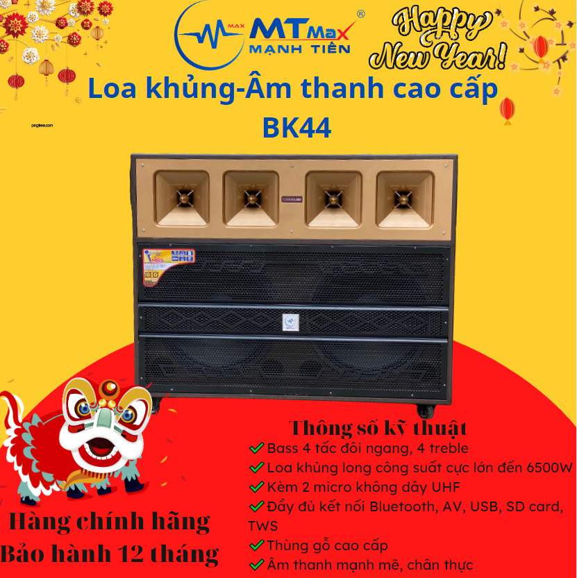 Loa tủ điện MTMax BK44 - loa kéo di động ngoài trời bass 4 tấc đôi ngang, 4 treble - Loa khủng long công suất cực lớn đến 6500W - Kèm 2 micro UHF - Kết nối Bluetooth, AV, USB, TF card, TWS - Thùng gỗ cao cấp cho âm thanh mạnh mẽ, chân thực -Hàng nhập khẩu