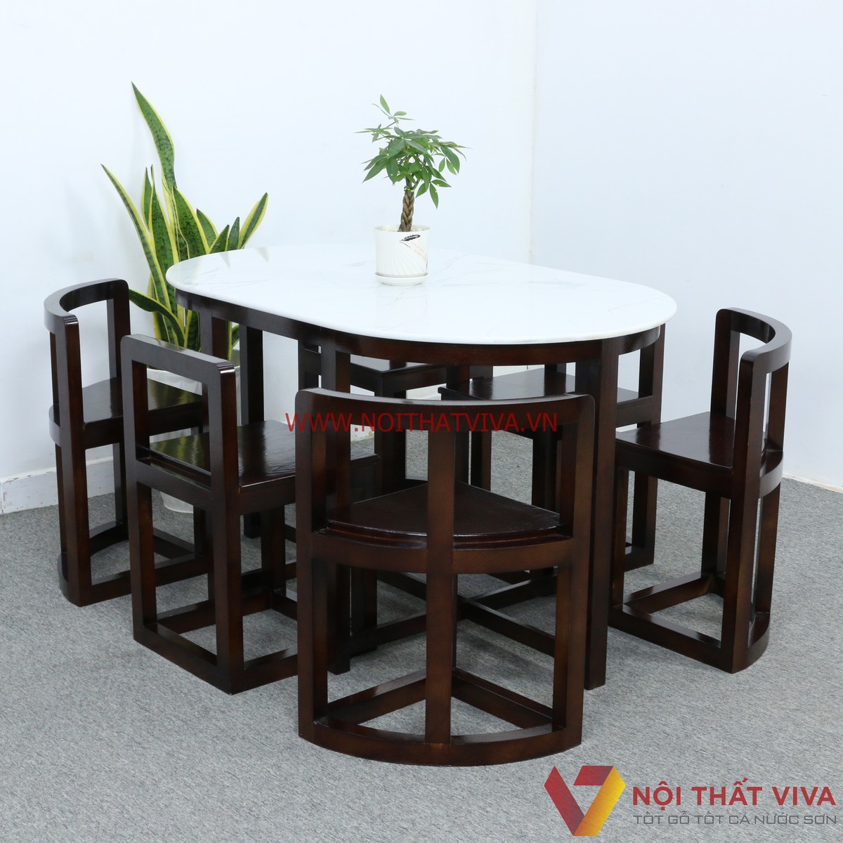 Bộ Bàn Ăn Xếp Gọn 6 Ghế Gỗ Sồi Nga Màu Nâu Mặt Đá Oval Tự Nhiên Đẹp - Bàn: 130 x 75 x 80cm ( dài x rộng x cao ) - Ghế: 70 x 55 cm ( cao x rộng )