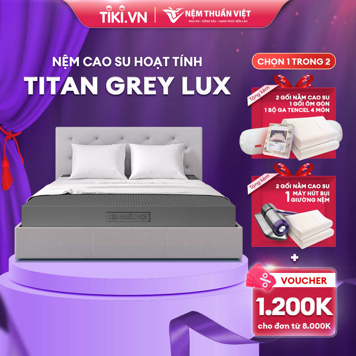 Nệm cao su than hoạt tính Thuần Việt Titan Grey - Đầy Đủ Kích Thước - Nâng Đỡ Êm Ái, Kháng Khuẩn Khử Mùi, Thoáng Khí - Miễn Phí Vận Chuyển, Bảo Hành 15 Năm, Trả Góp 0%