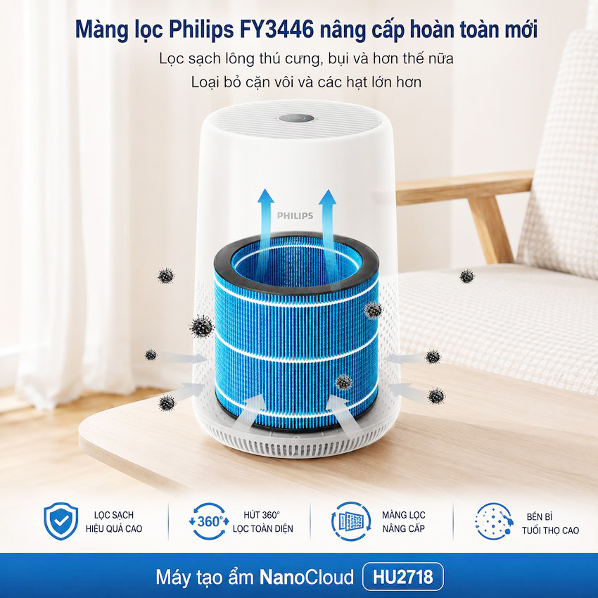 Máy tạo độ ẩm cao cấp thương hiệu Philips HU2718/00 - Hệ thống bốc hơi tiên tiến công nghệ NanoCloud - HÀNG NHẬP KHẨU