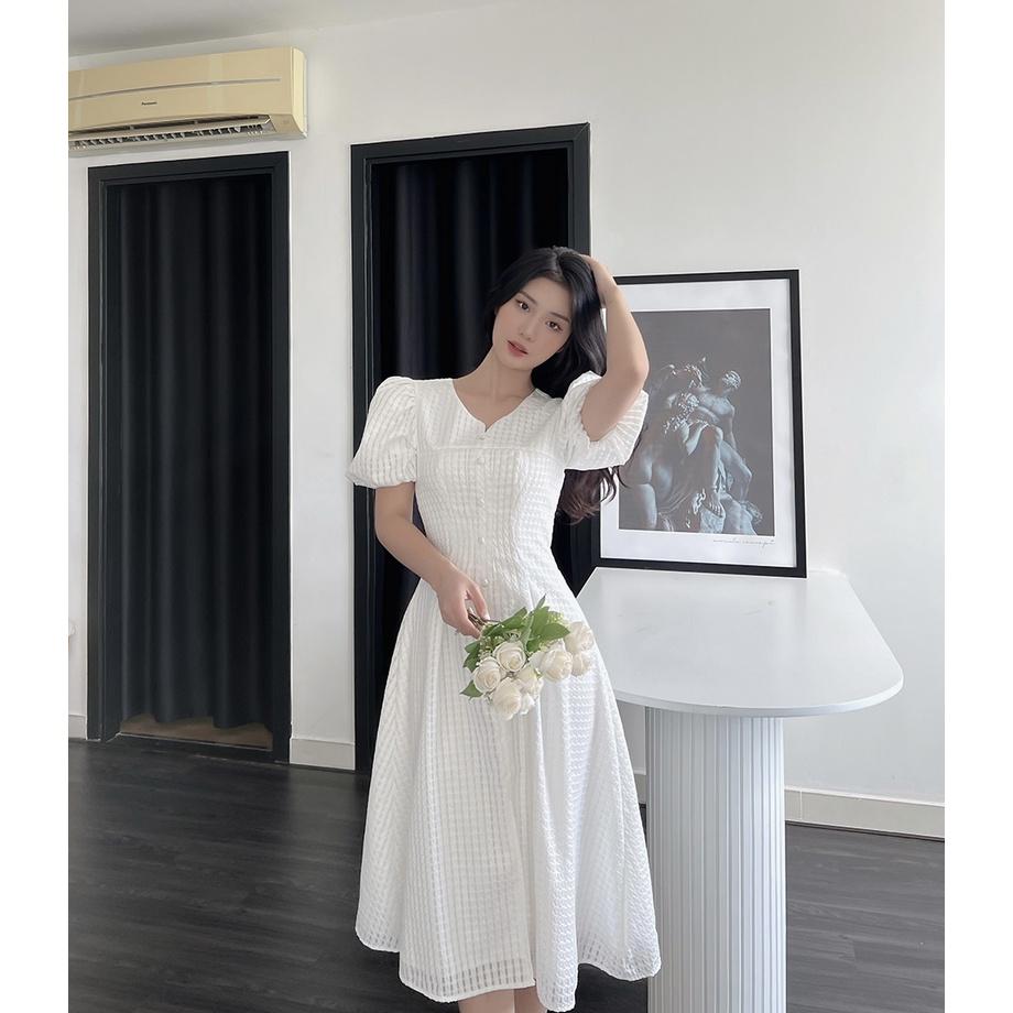 BBSTORE'S Đầm Xòe Tay Phồng Caro Nút Bọc Thời Trang Cho Nữ Đi Làm Đi Tiệc -D1056