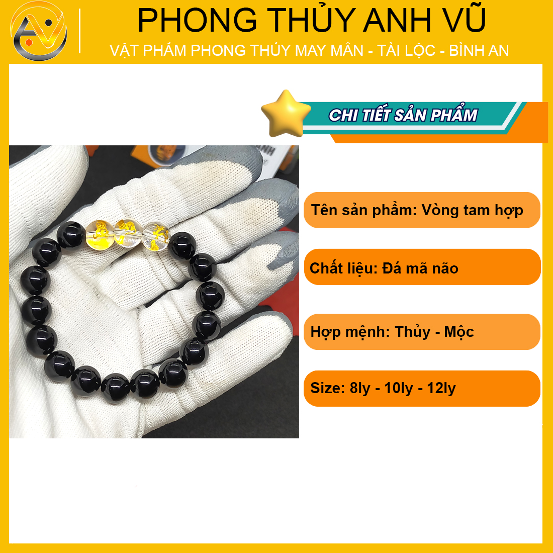 Vòng tam hợp thân tý thìn đã khai quang chất liệu mã não đen - size 8 10 12ly - may mắn tài lộc - Vòng Tam Hợp Anh Vũ