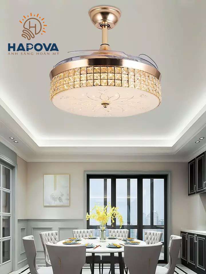 Quạt trần đèn trang trí, quạt đèn dấu cánh HAPOVA ZODIAC G30, có 3 chế độ sáng có điều khiển từ xa DQ 8043 hàng chính hãng