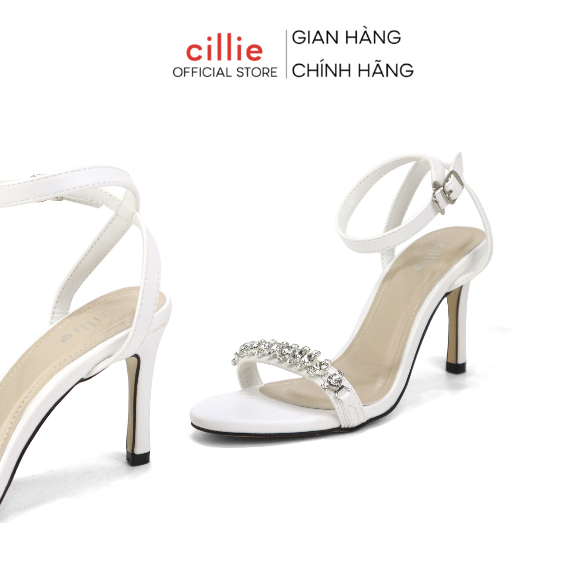 Giày sandal cao gót nữ quai ngang đính đá gót nhọn thời trang thanh lịch Cillie 1004