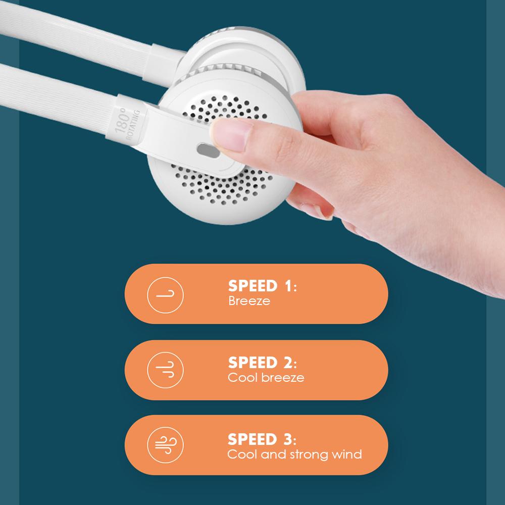 Quạt cổ rảnh tay làm mát 360 độ và lỗ thoát khí có thể xoay 180 độ với chất liệu silicone và ABS thân thiện với da