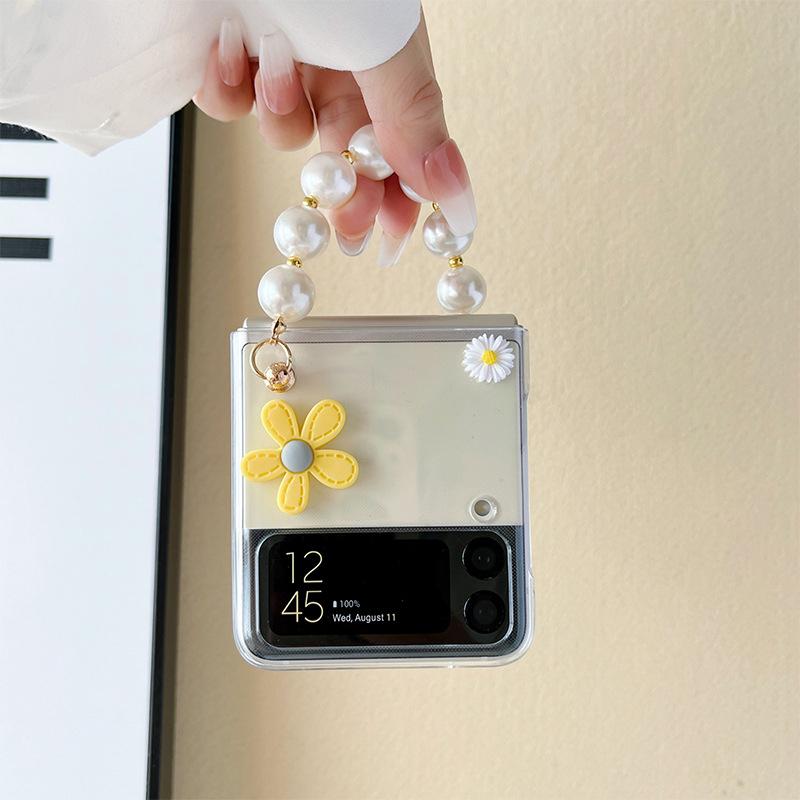 Ốp Lưng Cho Samsung Z Flip 5 / Z Flip 4 / Z Flip 3 Trong Suốt Hoa Nổi Xinh Xắn Kèm Dây Ngọc Trai Xỏ Tay