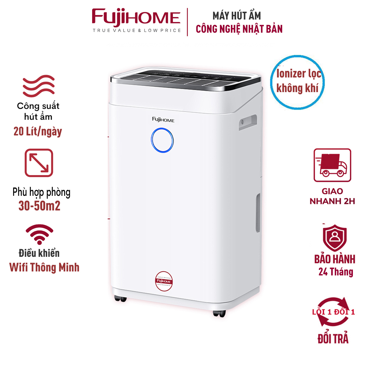 Máy hút ẩm lọc không khí 40M2-50M2 nhập khẩu FUJIHOME DH20W, 20 lít/ngày kết nối wifi điều khiển qua APP, hiển thị độ ẩm - Hàng chính hãng