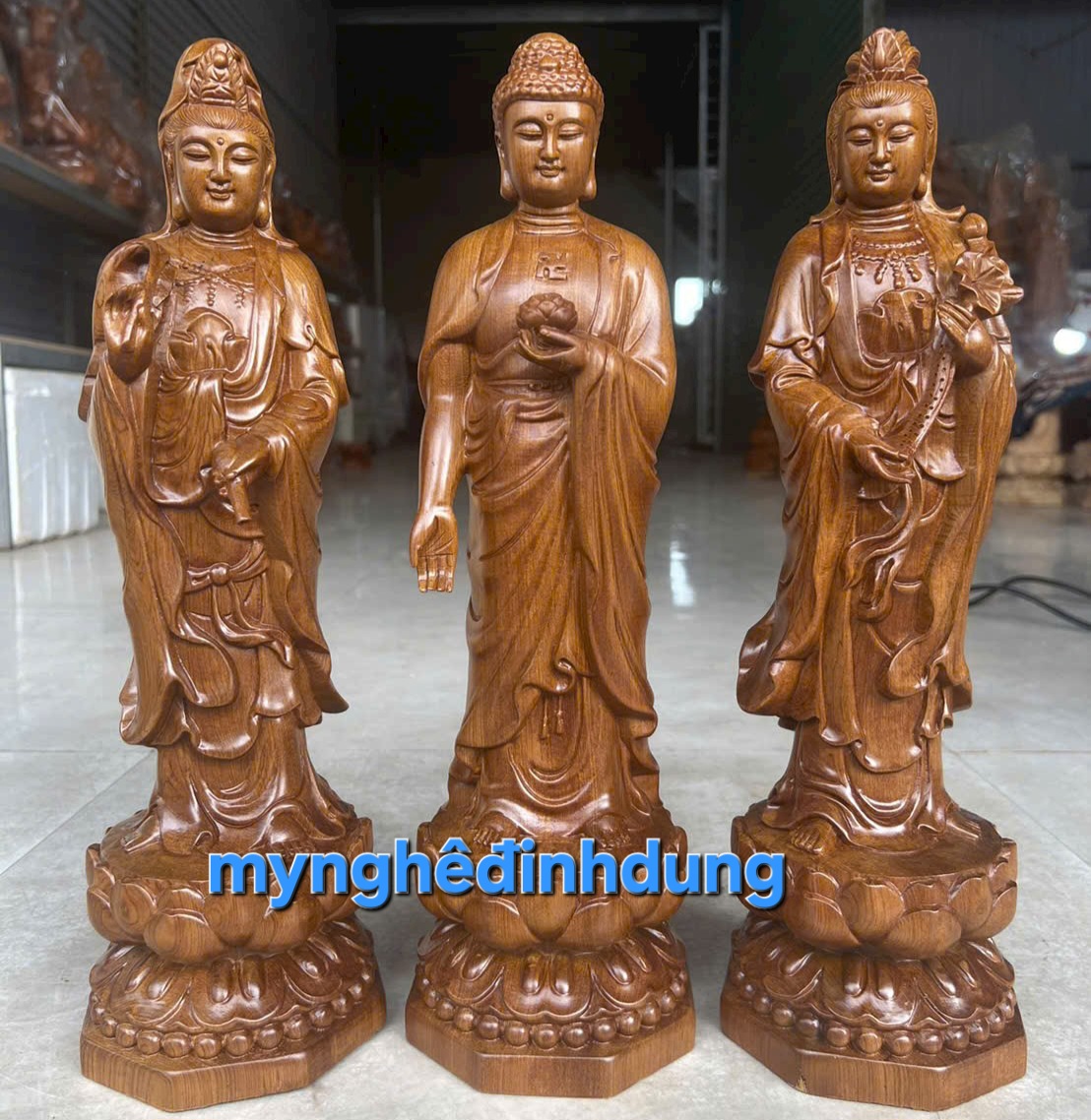 Bộ tượng phật tam thánh bằng gỗ bách xanh thơm nức cao 40x12x12cm