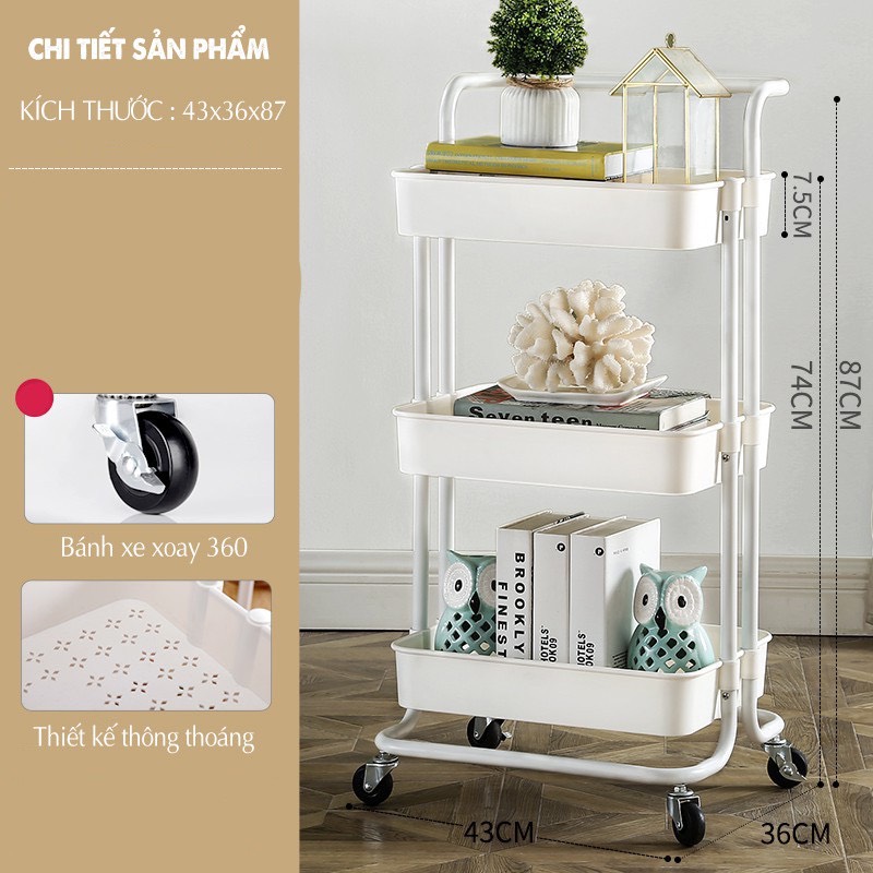 Kệ 3 tầng đẩy spa, kệ nhựa ba tầng bỉm sữa có bánh xe - kệ đựng đồ làm nail đa năng