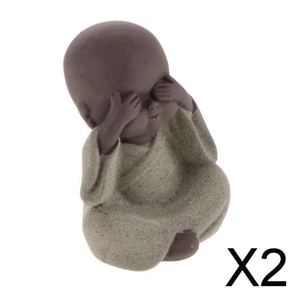 2xCeramic Small Buddha Statue Monk Figurine Tea Pet Decorative Ornaments Green