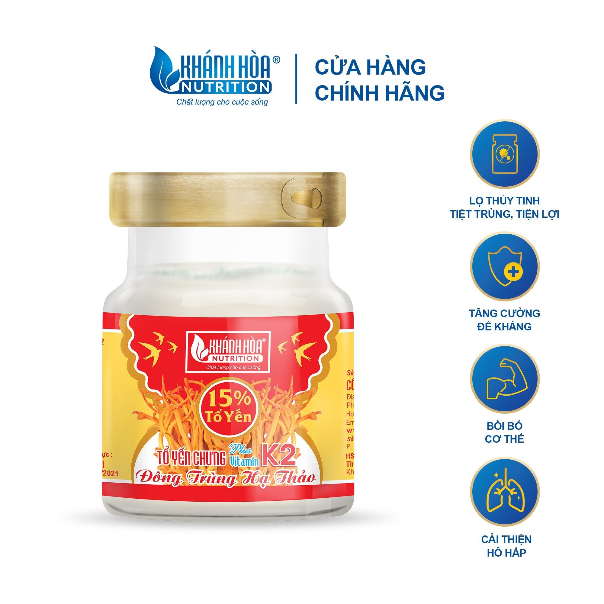 Tổ Yến 15% Chưng Đường Phèn Bổ Sung Đông Trùng Hạ Thảo Và Vitamin K2 Khánh Hòa Nutrition – Lọ Dung Tích 70ml