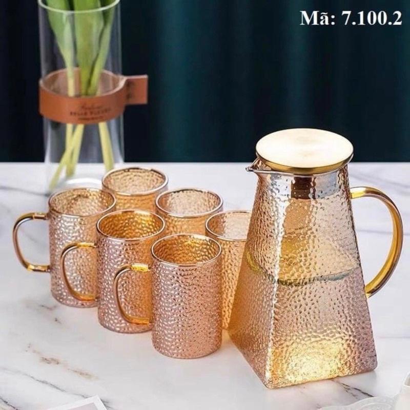 BỘ BÌNH THUỶ TINH ĐỰNG NƯỚC UỐNG CHỊU NHIỆT CAO CẤP KÈM 6 CỐC VÂN NHÁM