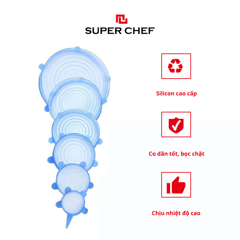 Bộ Nắp Silicon Super Chef Thay Thế Màng Bọc Thực Phẩm Siêu Tiện Lợi