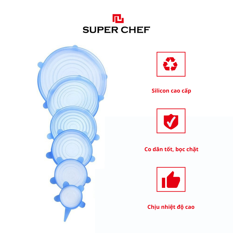 Bộ Nắp Silicon Super Chef Thay Thế Màng Bọc Thực Phẩm Siêu Tiện Lợi (6 cái/bộ)