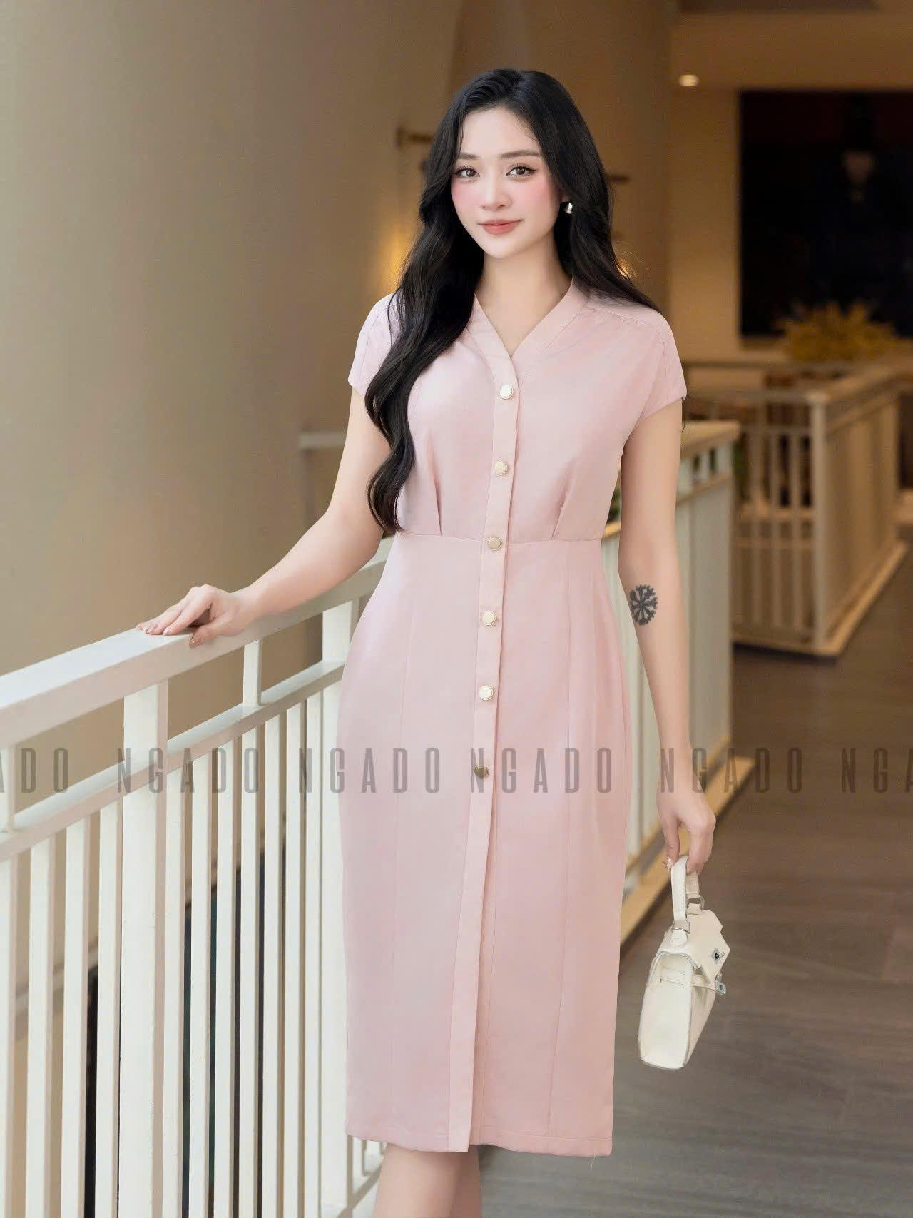 Đầm hồng nhạt cổ tim NGADO , đầm dự tiệc , đầm công sở