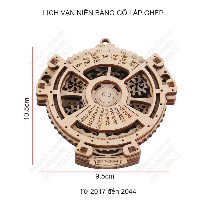 Đồ chơi lịch vạn niên lắp ghép từ các chi tiết gỗ cắt CNC, thể hiện lịch từ năm 2017 đến 2044