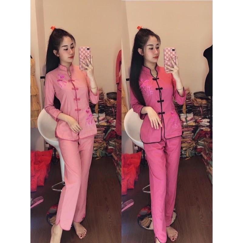 Quần áo phật tử Bộ bà lai cổ tàu thêu sen