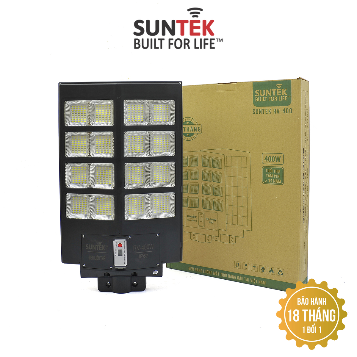 Đèn Đường Liền Thể Năng Lượng Mặt Trời SUNTEK RV-400W - Sáng suốt đêm  | Tự động Bật/Tắt | Điều khiển Từ Xa | Chống Nước/Bụi/Sét | Tuổi thọ bóng LED 50.000 giờ - Hàng Chính Hãng - Bảo hành 18 tháng 1 đổi 1