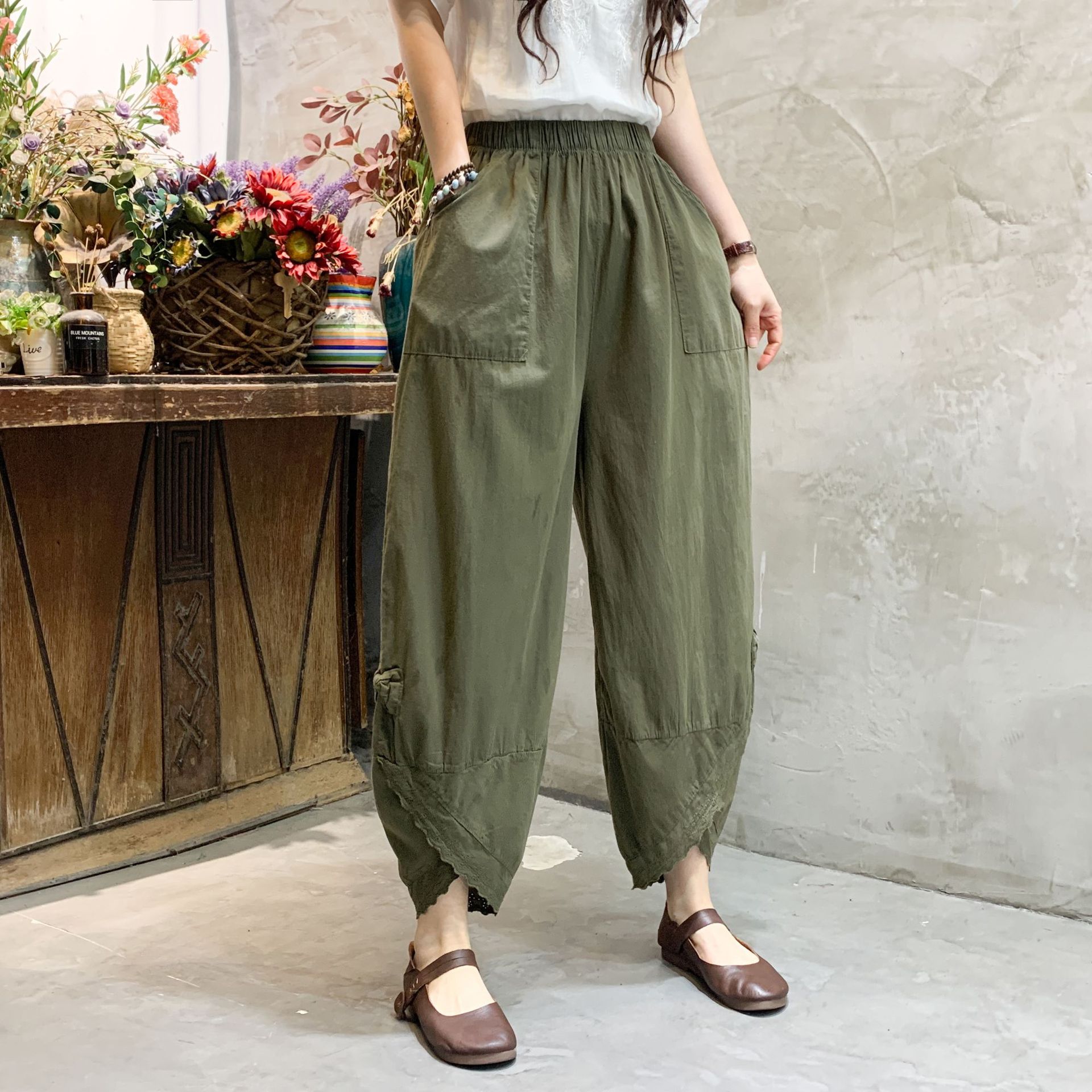 Quần Baggy Nữ Chất Liệu Thô Đũi Viền Chân Ren