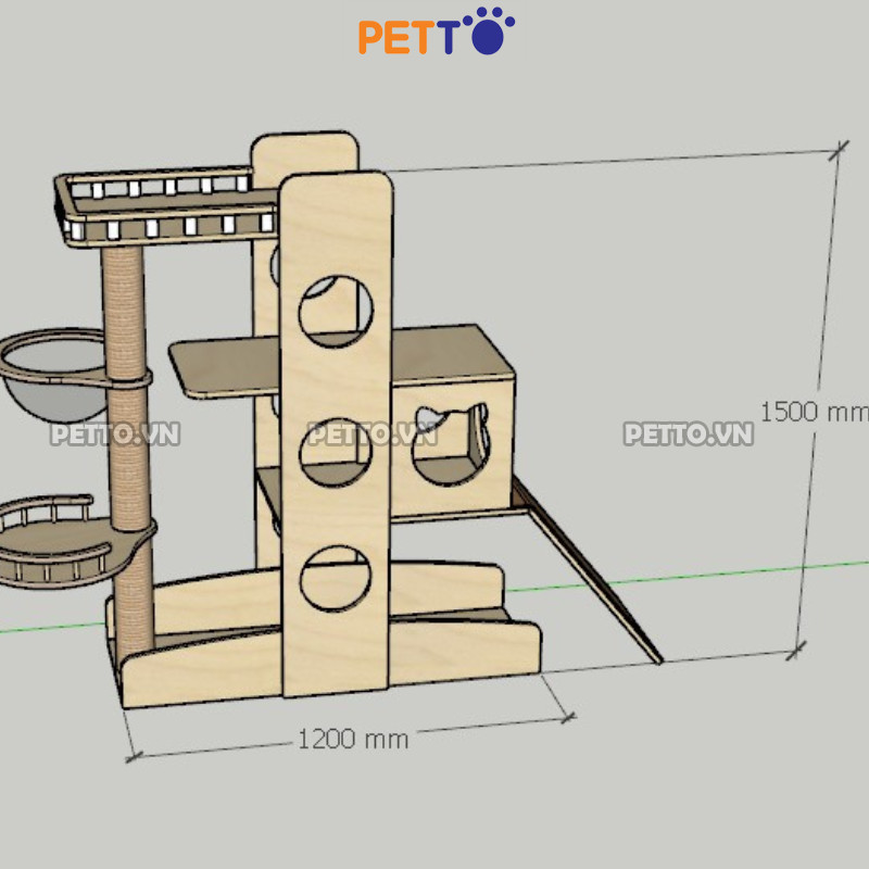 Cattree cho mèo PETTO nhà cây cho mèo bằng gỗ SIÊU TO có CẦU TUỘT thoải mái leo trèo CH048