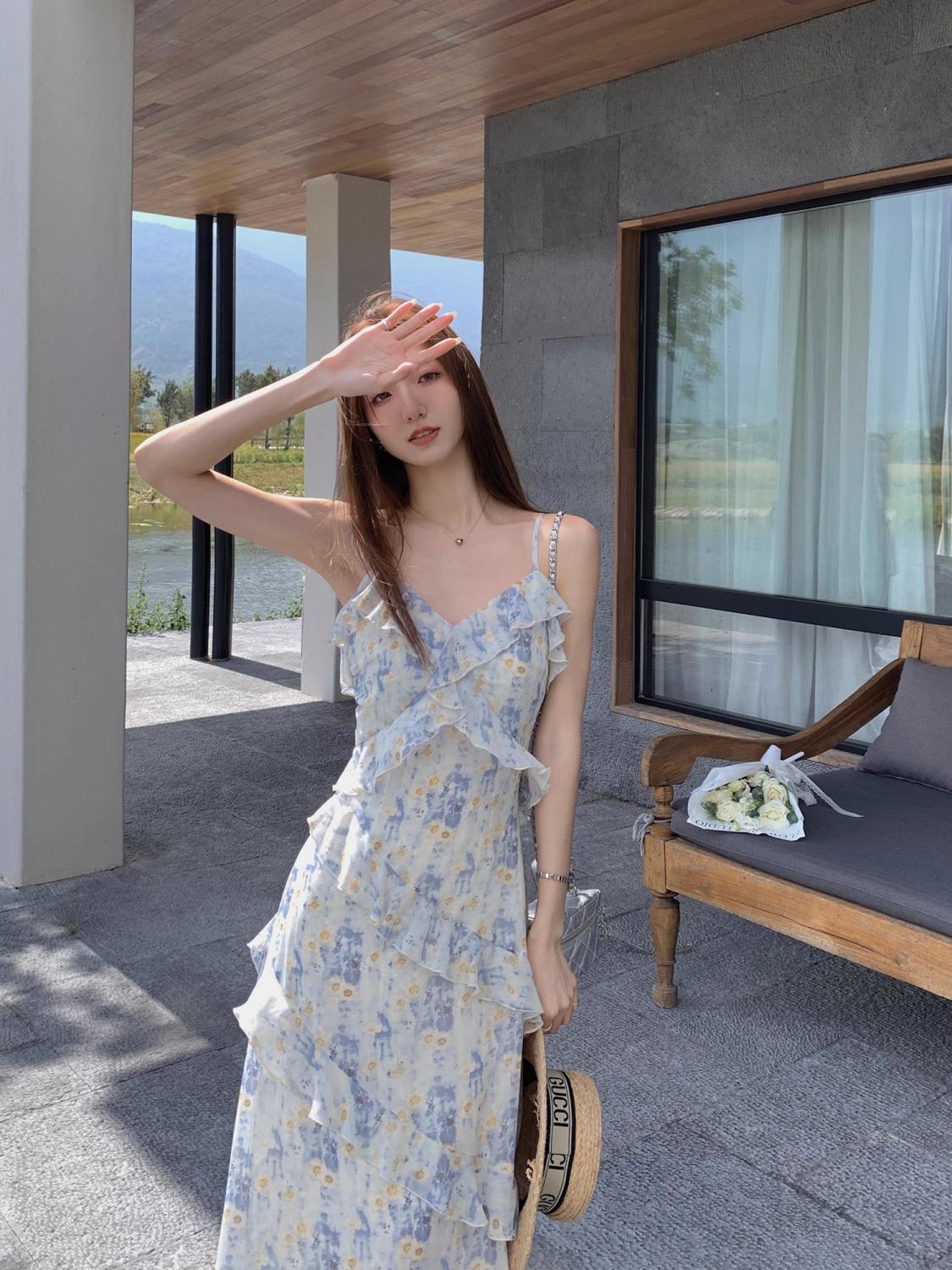 CHENGRUI Váy cưới lá sen, nữ tính, dịu dàng, in hoa, váy dài bãi biển.