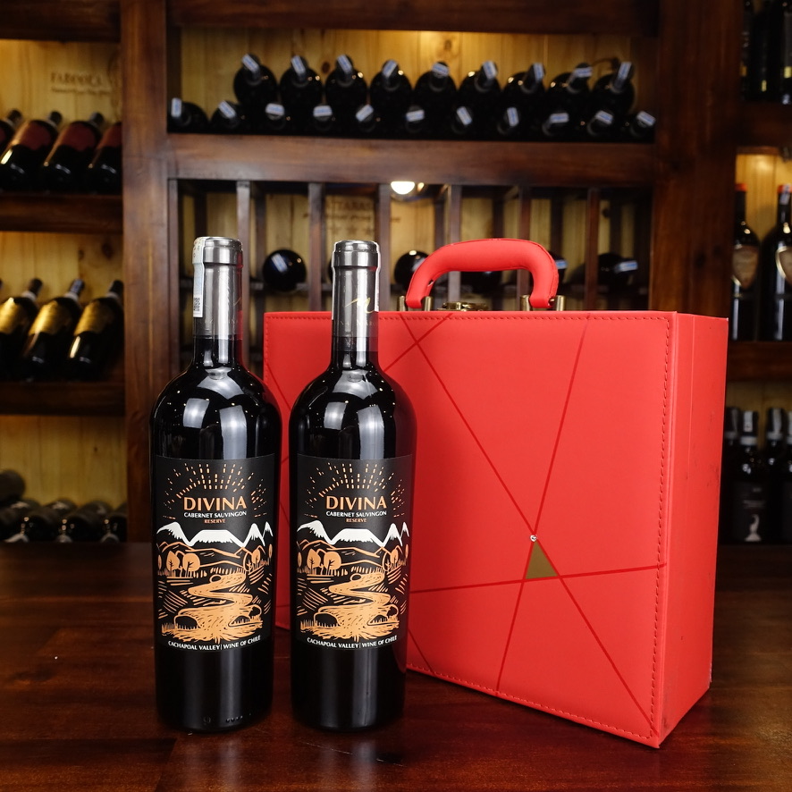 Hộp Vali đỏ đính đá + 2 chai rượu vang Chile Divina Reserve Cabernet Sauvignon