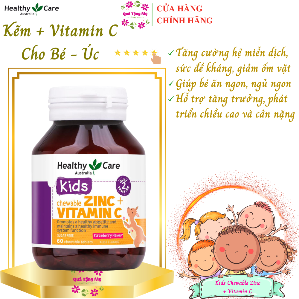 Kẽm cho bé Úc Healthy Care Kids Chewable Zinc + Vitamin C Hỗ trợ tăng trưởng, phát triển sức khỏe và hệ thống miễn dịch cho trẻ - QuaTangMe Extaste