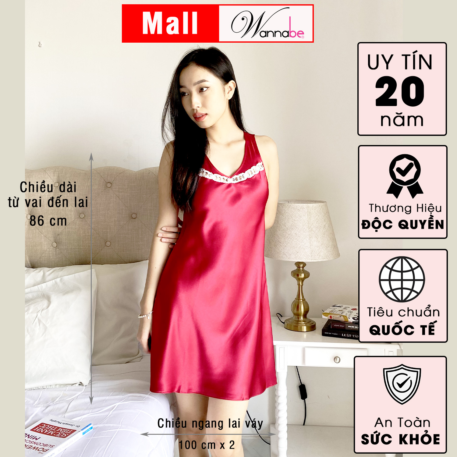 Đầm ngủ phi lụa cao cấp WANNABE DNS68 váy ngủ bản vai 4cm cổ tim phối ren đơn giản trang nhã
