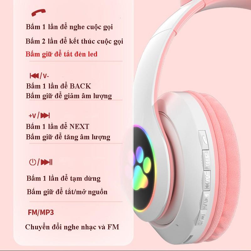 Tai nghe bluetooth có tai mèo cute, Có đèn led đổi màu (Tắt được nếu không muốn sử dụng), Headphone cao cấp