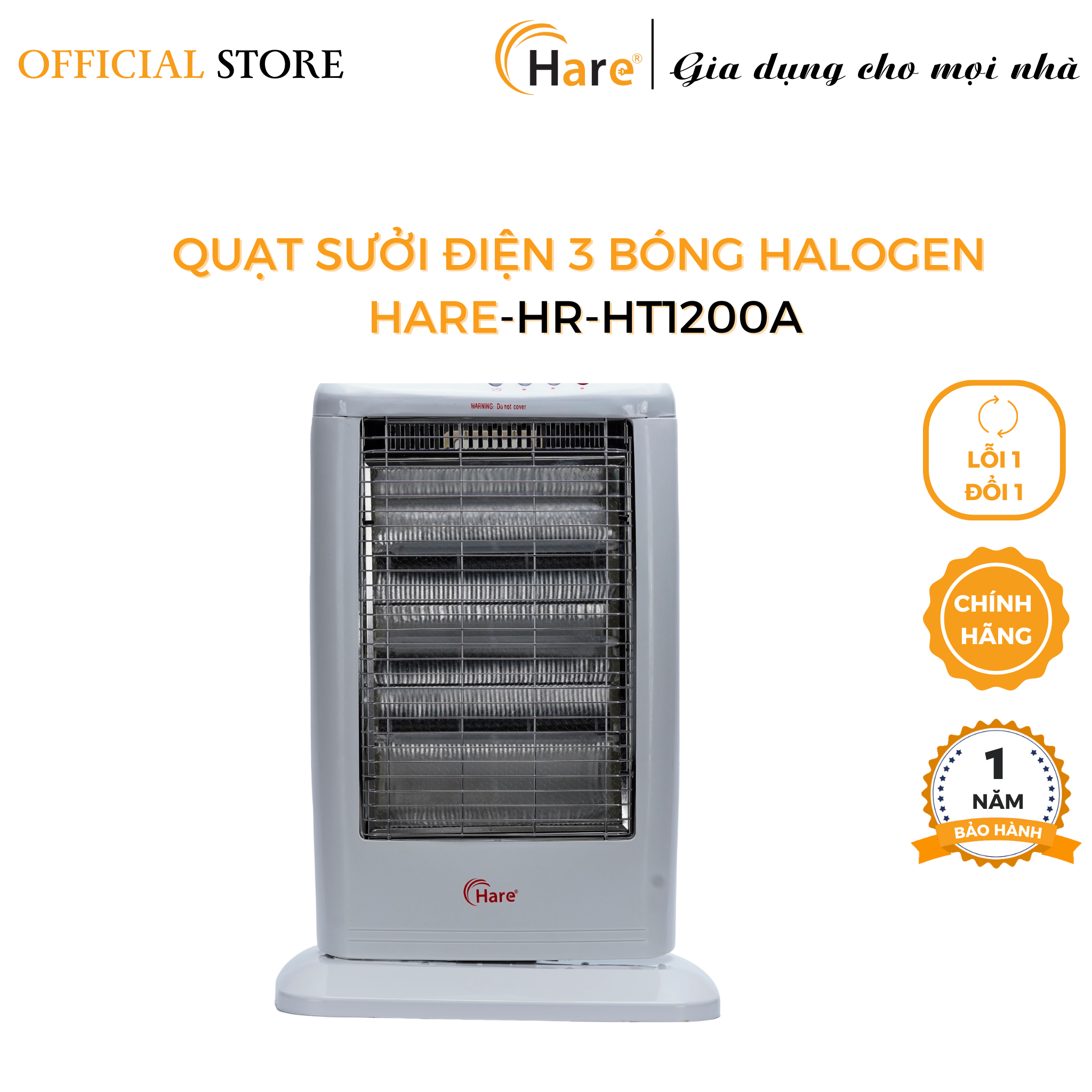 Quạt sưởi điện hai bóng Halogen HR-HT1200A -hàng chính hãng thương hiệu Hare - bảo hành 18 tháng