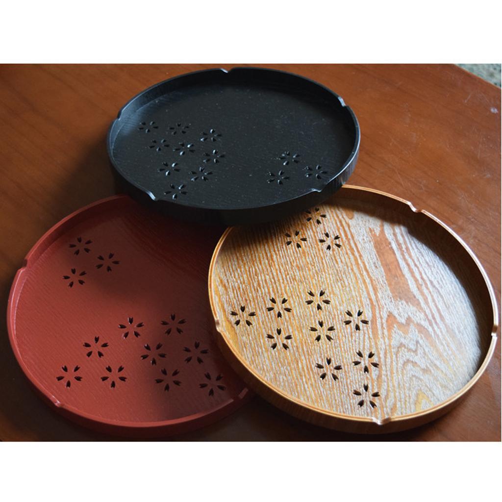 Wooden Serving Tray Pizza Tea Food Platter Home Fruit Plate Round Red 30cm