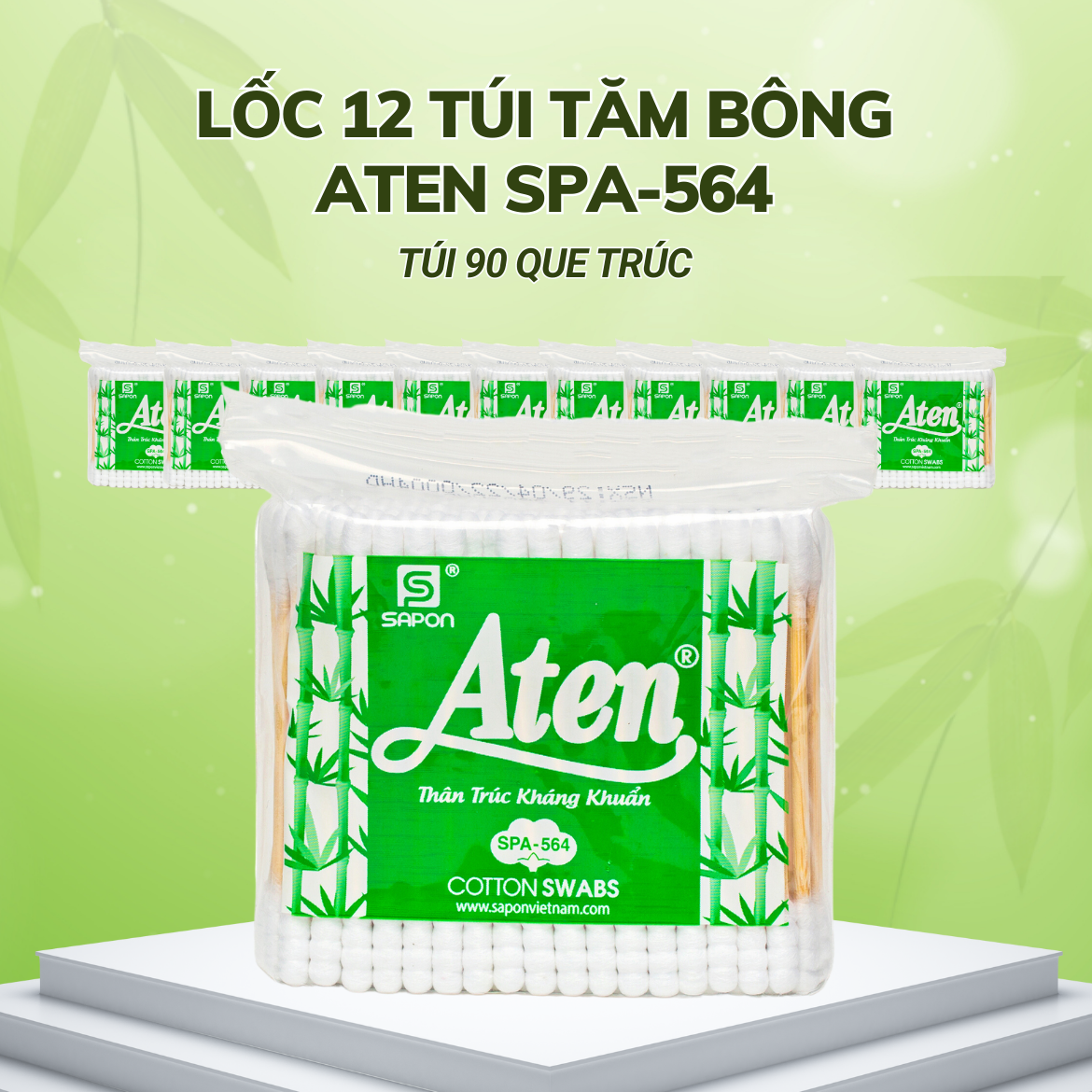 Lốc 12 túi Tăm bông Aten người lớn thân trúc 90 que SPA-564