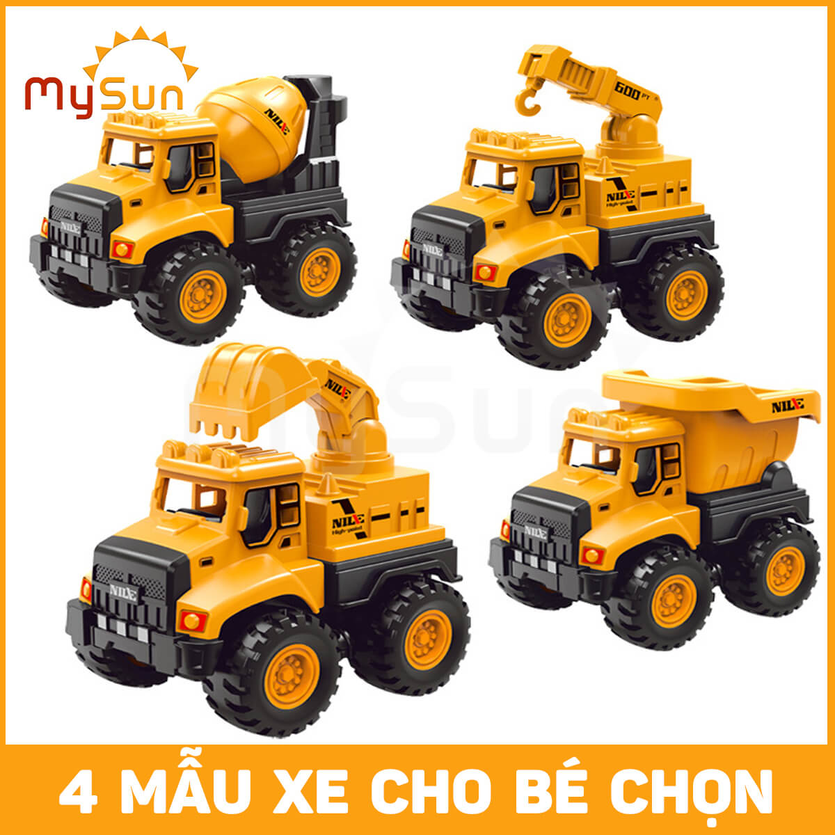 Bộ xe đồ chơi CÔNG TRÌNH cho bé trai mô hình Cần cẩu, Xe Ben, Xe Tải, Trộn bê tông – MySun