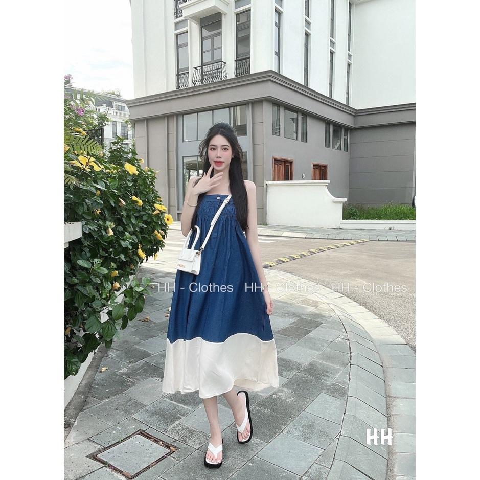 VÁY ĐI CHƠI, VÁY MAXI JEAN 2 DÂY PHỐI CÚP NGỰC BOCHUN CỰC XINH LUN Ạ