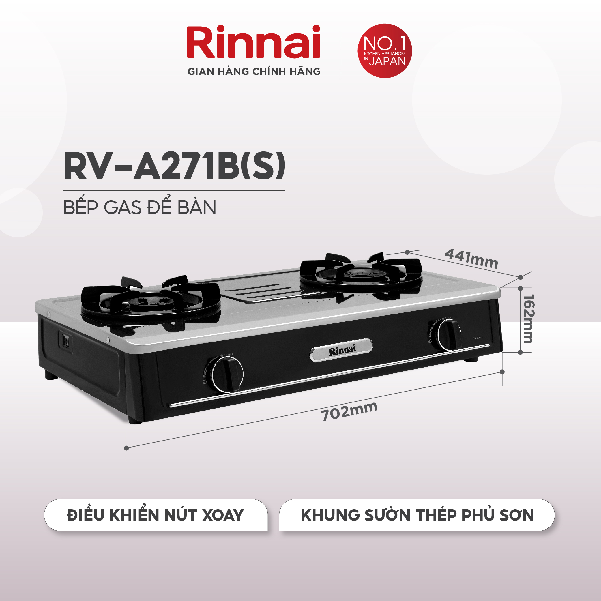 Bếp gas dương Rinnai RV-A271B(S) mặt bếp inox và kiềng bếp men - Hàng chính hãng.