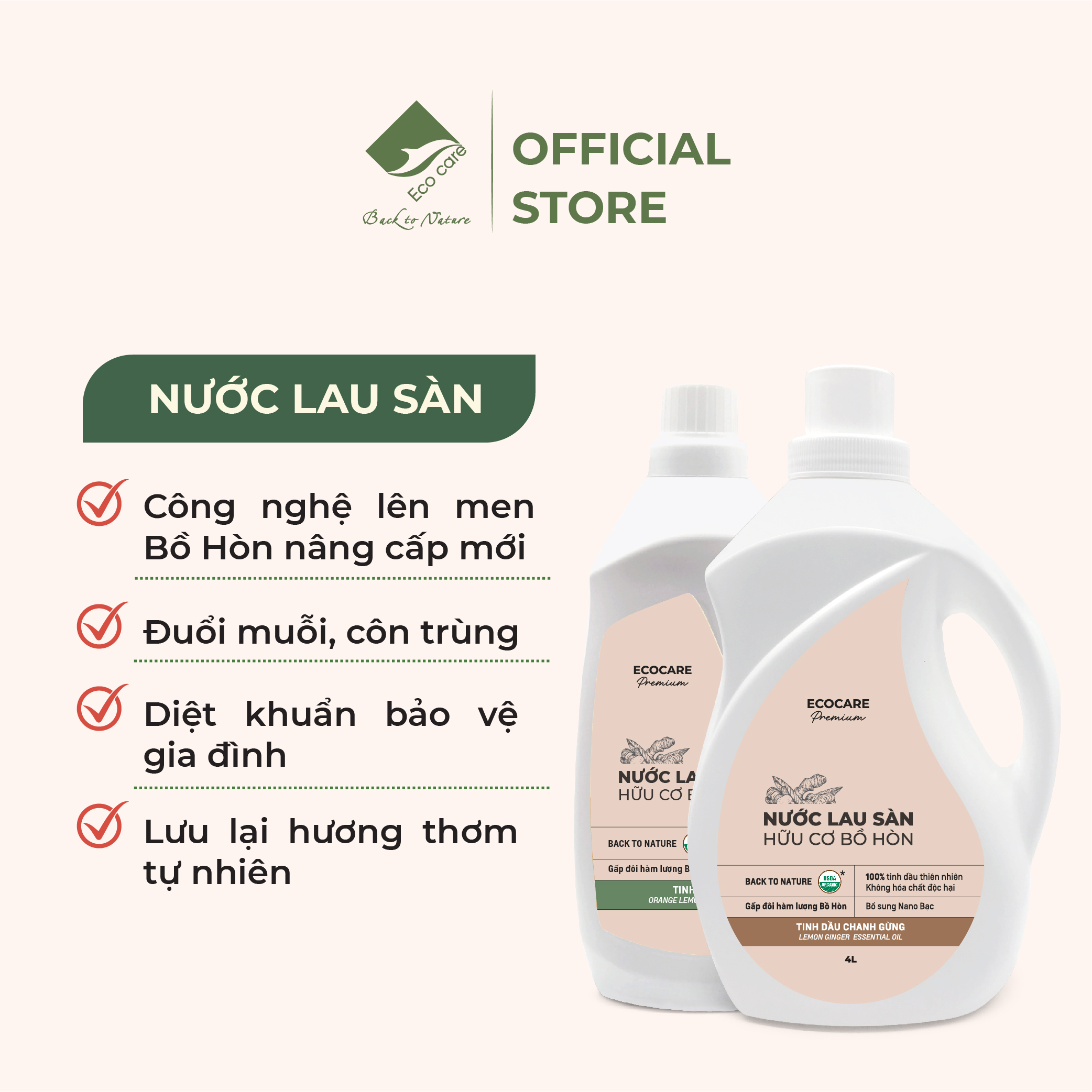 Nước Lau Sàn Hữu Cơ Bồ Hòn ECOCARE 1000ml-4000ml Hương Cam Sả/Chanh Gừng Đuổi Muỗi Đuổi Côn Trùng, Khử Mùi Hiệu Quả