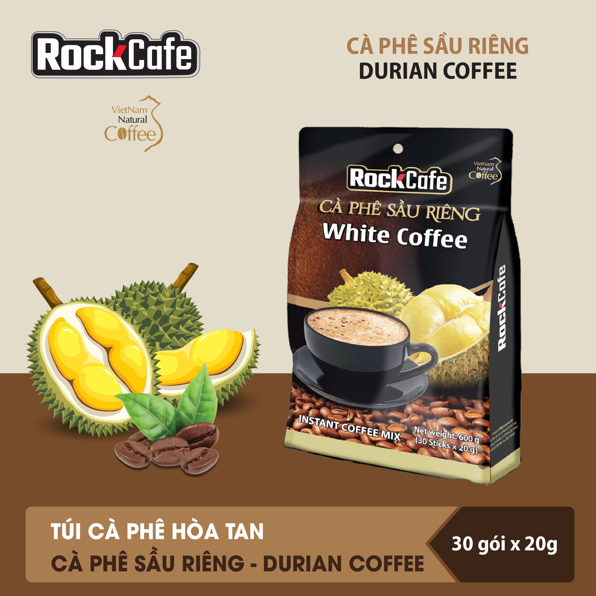 Túi 30 gói Cà phê Sầu riêng ROCKCAFE (20g/gói)