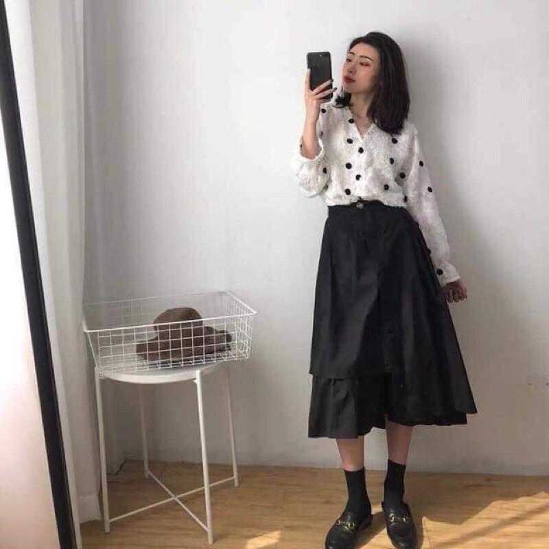 Chân Váy Midi Ulzzang Nữ, Chân Váy Xếp Ly 2 Màu Đen Trắng