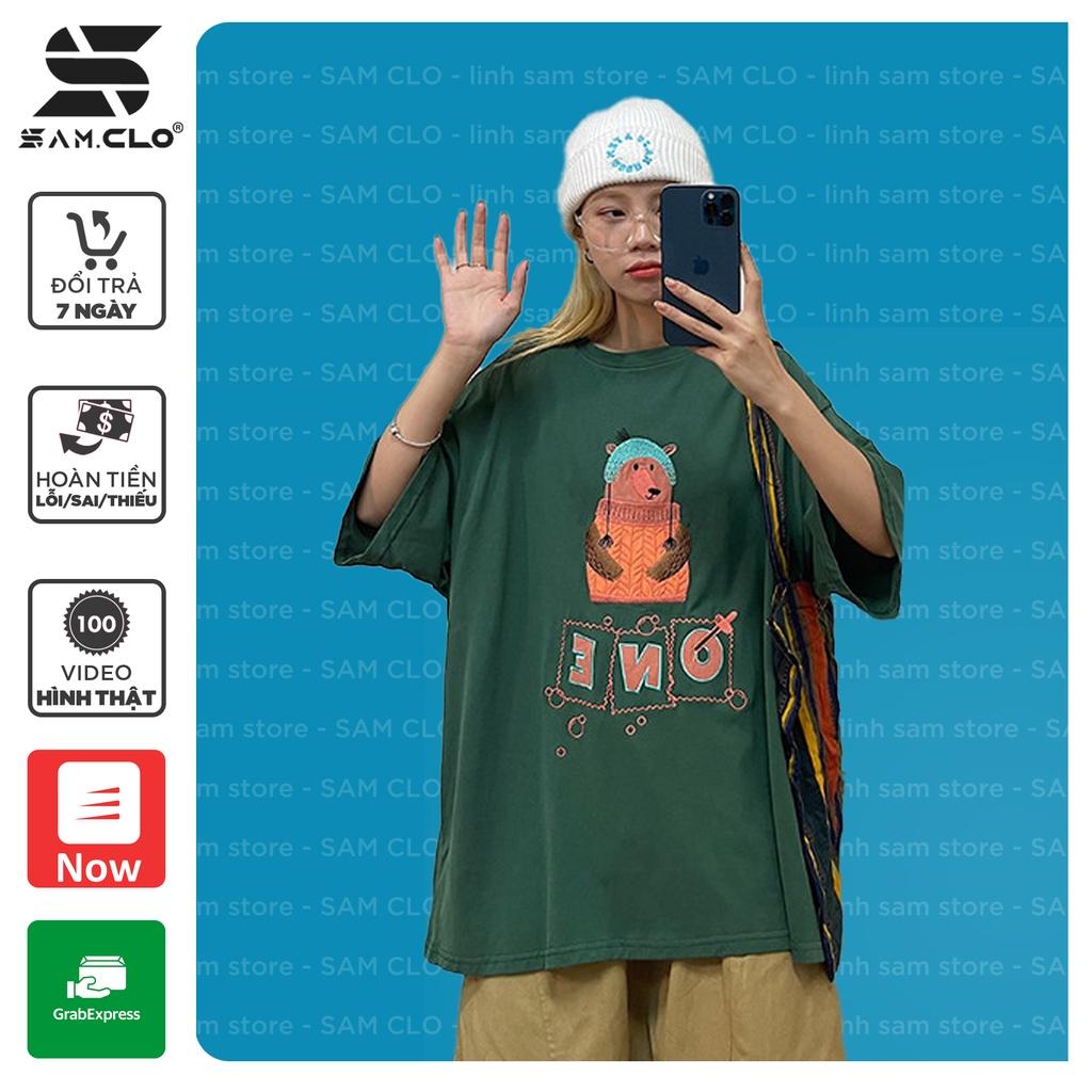 Áo thun tay lỡ nam nữ SAM CLO phông form rộng dáng Unisex - Ulzzang mặc cặp, nhóm, lớp in hình CON GẤU chữ ONE
