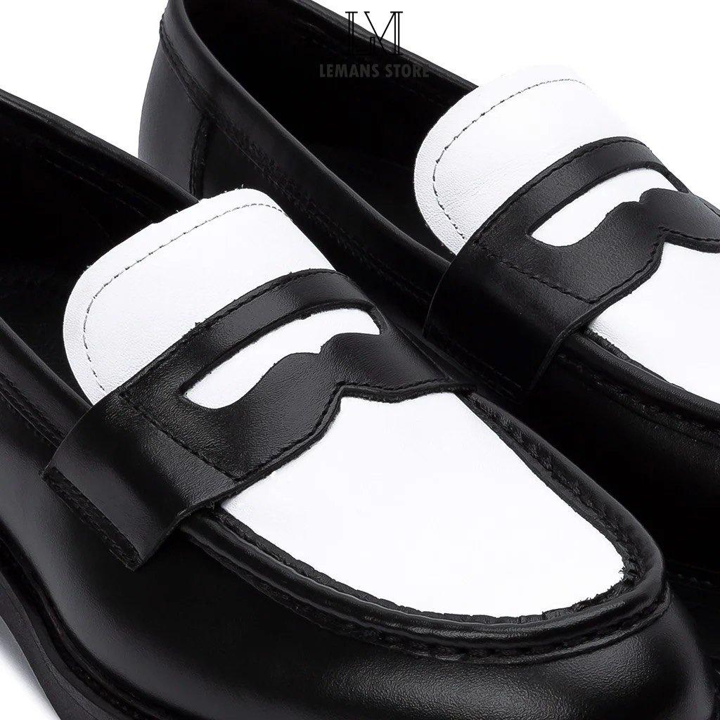 Penny Loafer Black White LEMANS Da bò nhập khẩu, tăng chiều cao 4cm cho nam